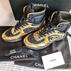Chanel High Top Gold Leather and Tweed Sneakers